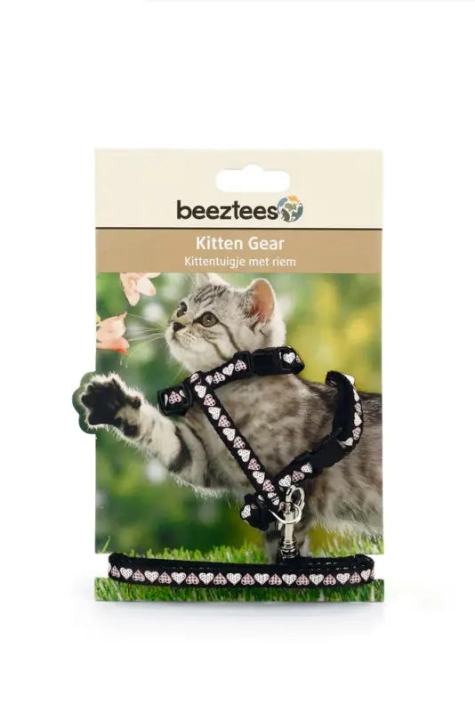 Beeztees Nylon Kittentuigje Hearts — Zwart - Kattentuigje