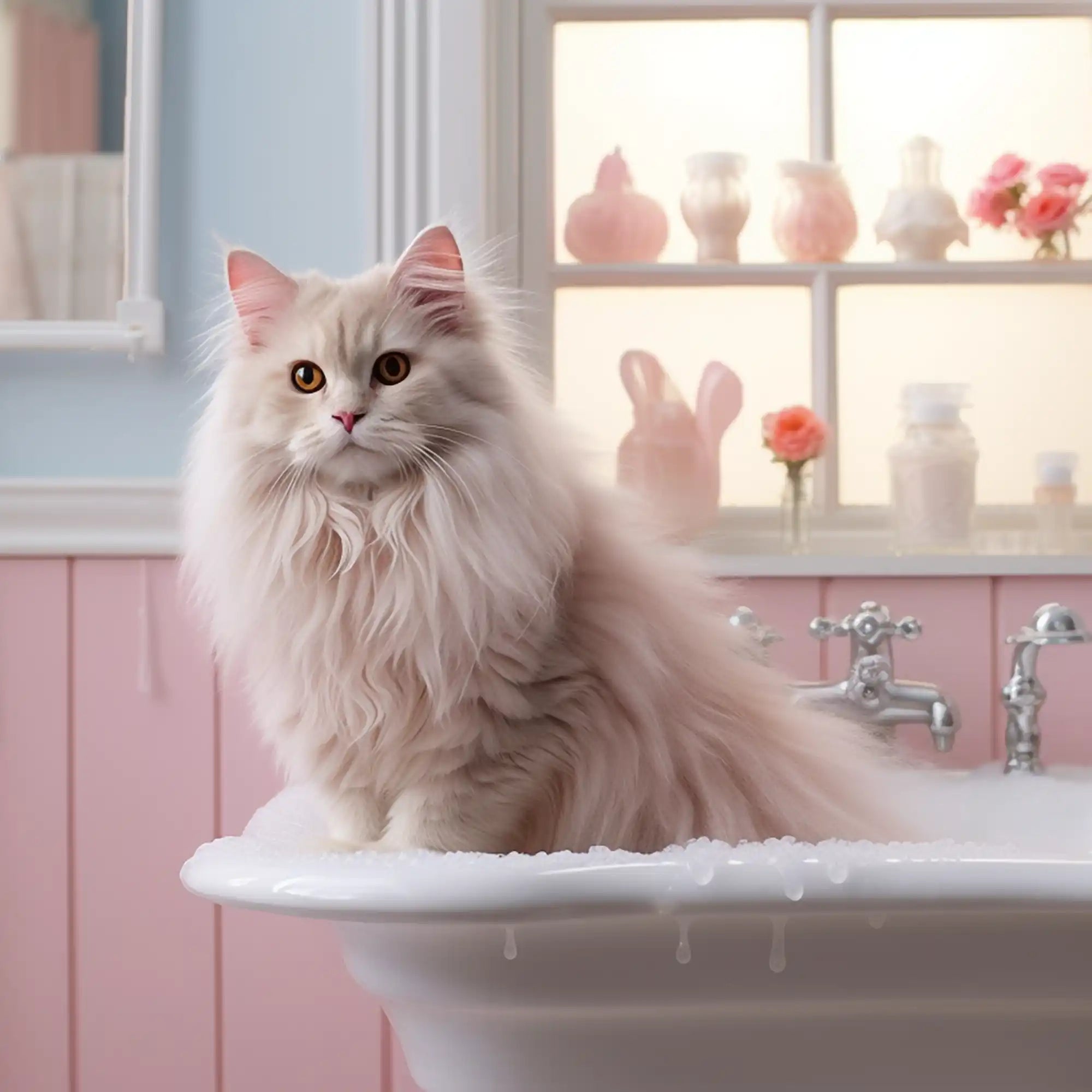 Fluffy kat in een bubbelbad.