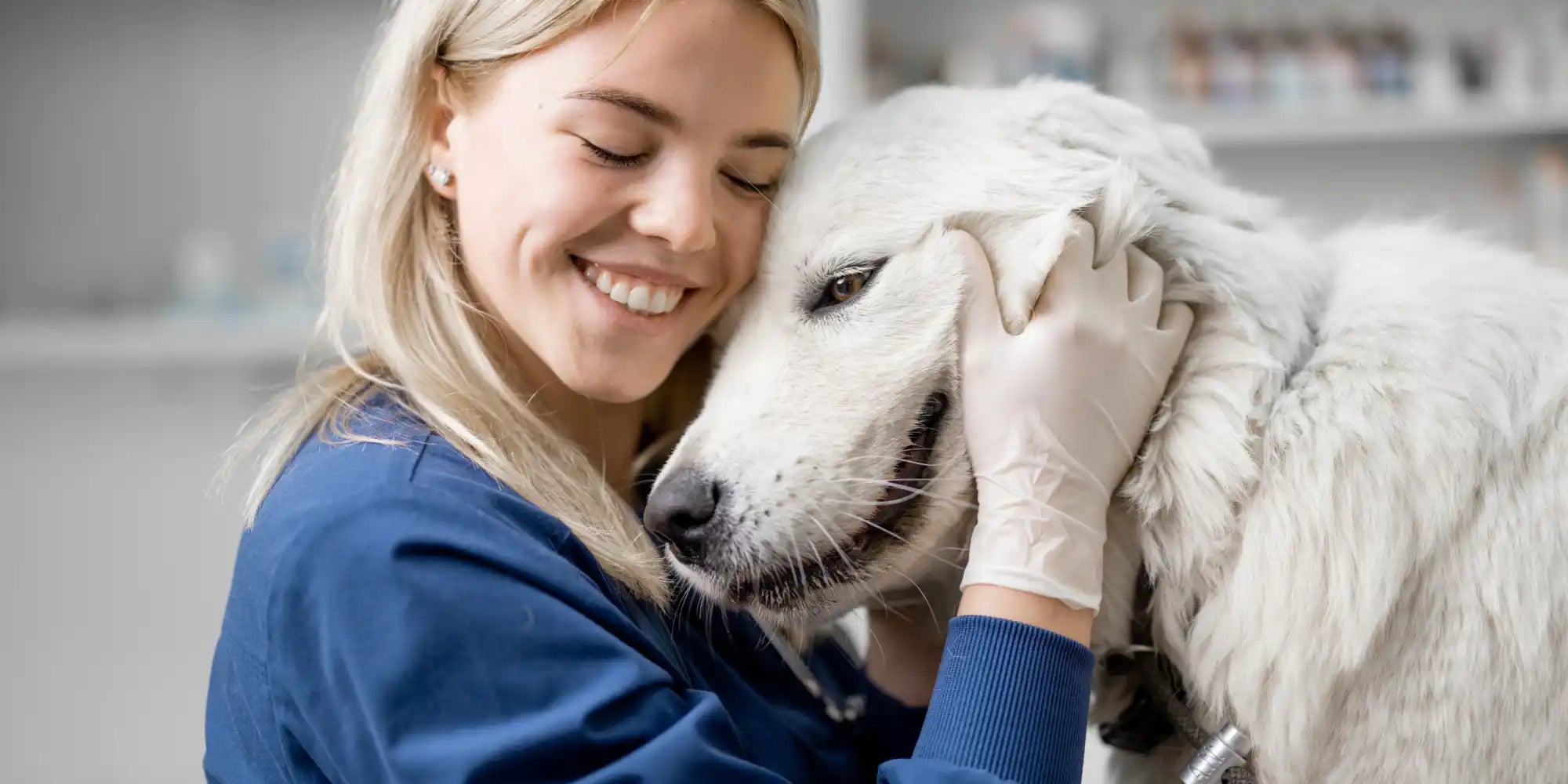 Glunderende dierenarts die een witte hond omarmt.