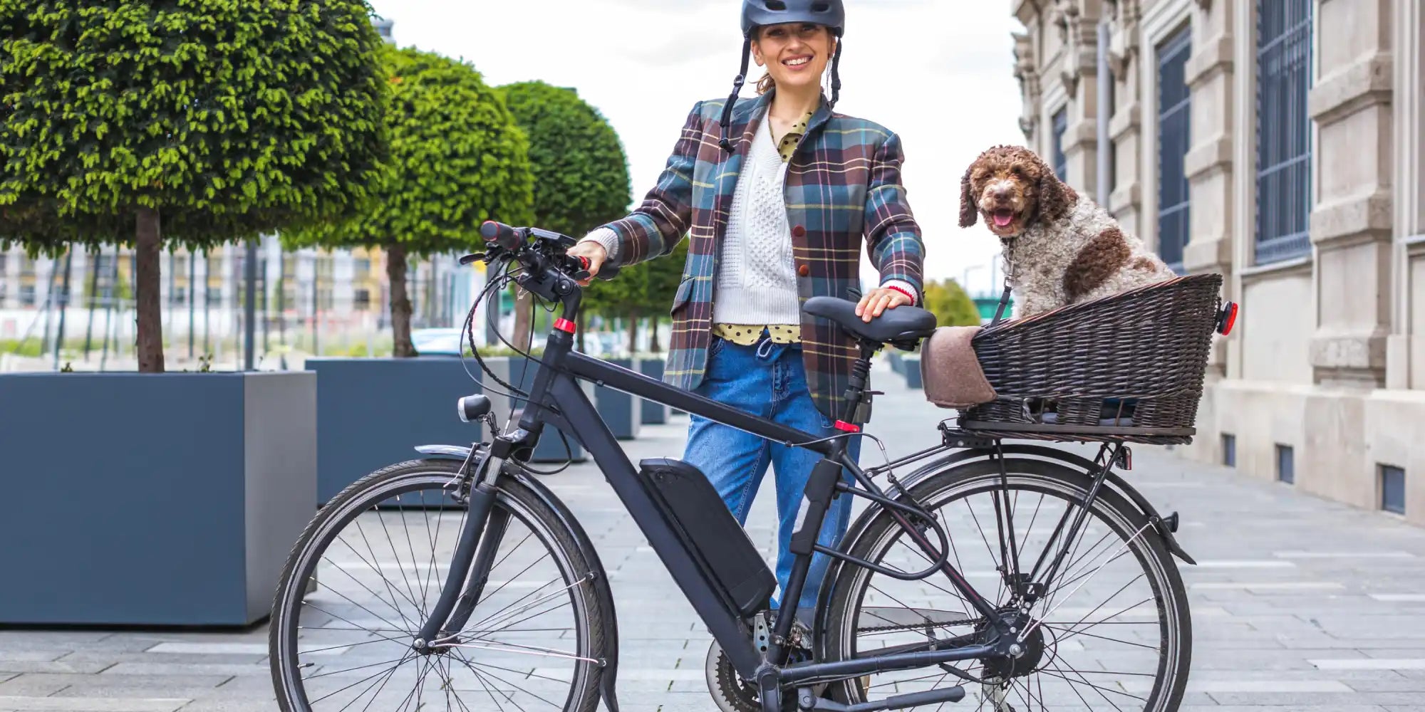 Elektrische fiets met hond in de mand.