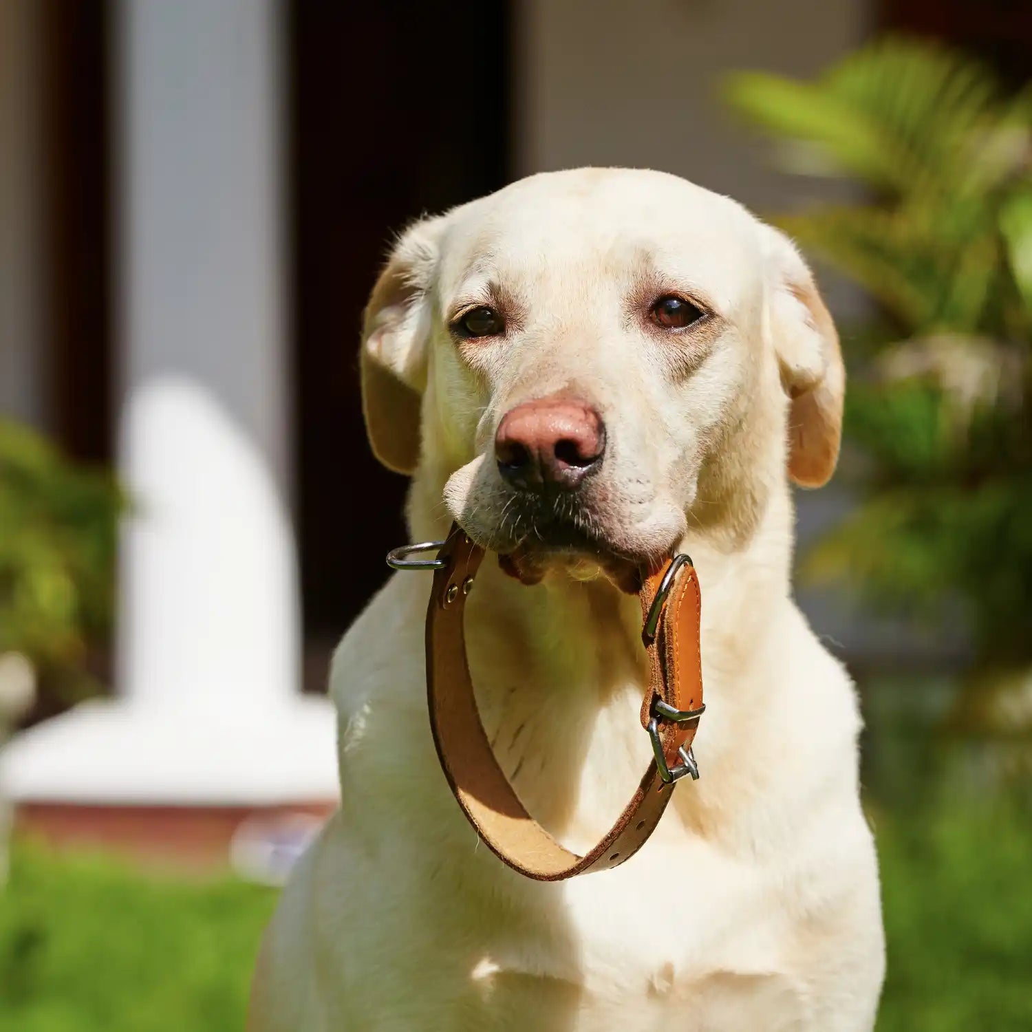 Geel Labrador met een bruine halsband.