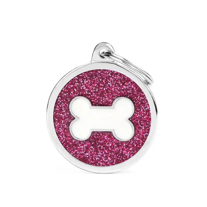 Hondenpenning Glitter Bone Cirkel Pink