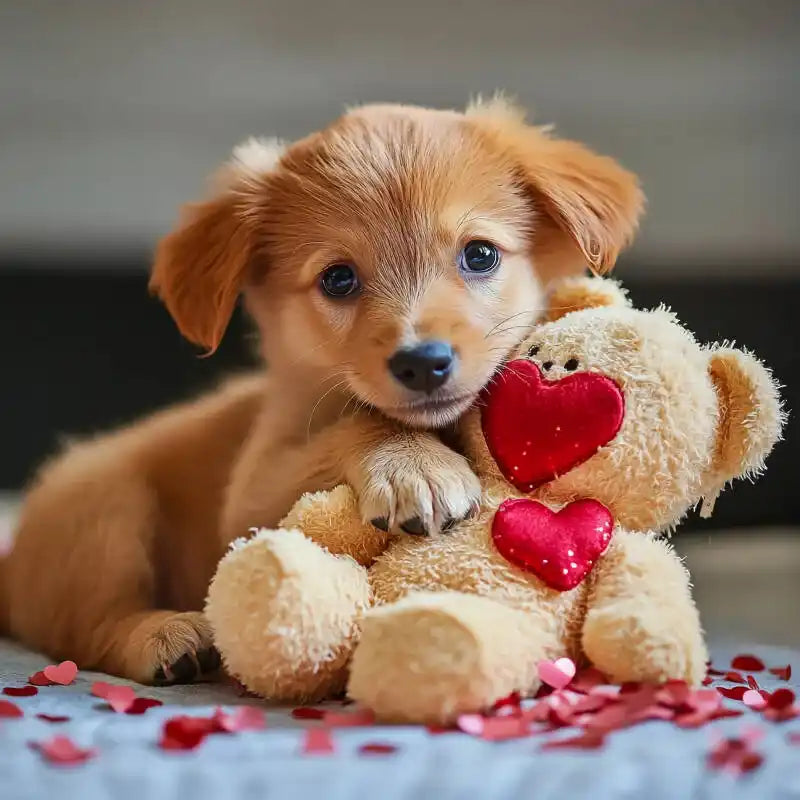 Schattige puppy die een teddybeer omarmt met hartjes.