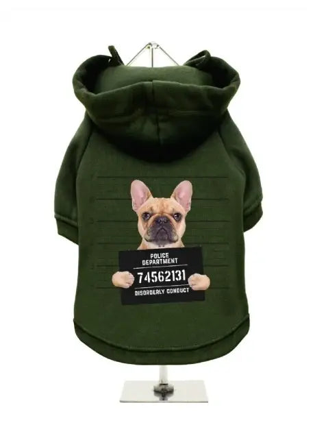 UrbanPup Sweatshirt Police Mugshot French Bulldog — Olijfgroen - Ruglengte 30 cm - Hondenkleding